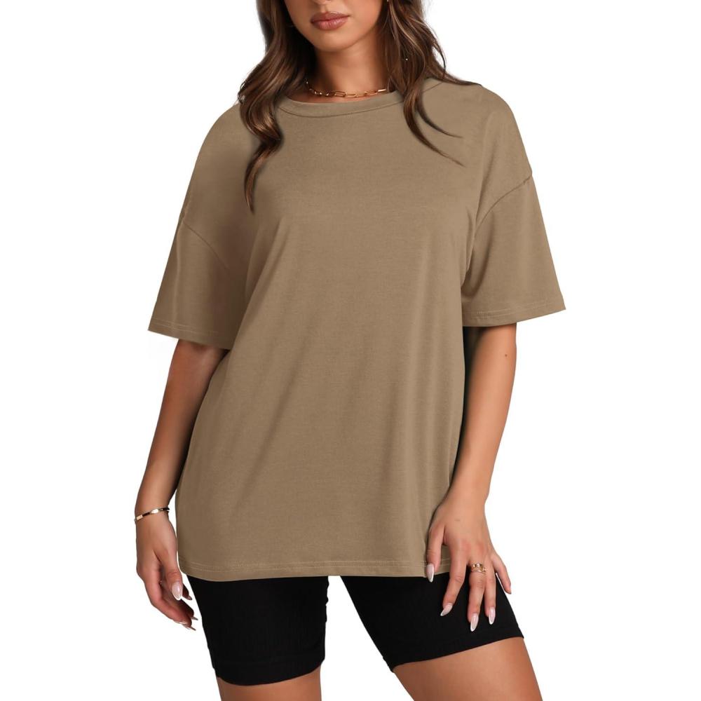 imageOversized T Shirts for Women Summer Crewneck Short Sleeve Basic Tops Loose FitLight Coffee