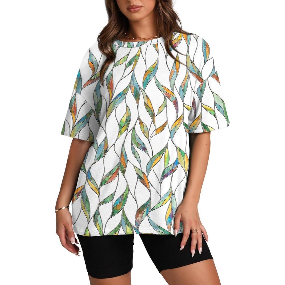 imageOversized T Shirts for Women Summer Crewneck Short Sleeve Basic Tops Loose FitMulti Leaf