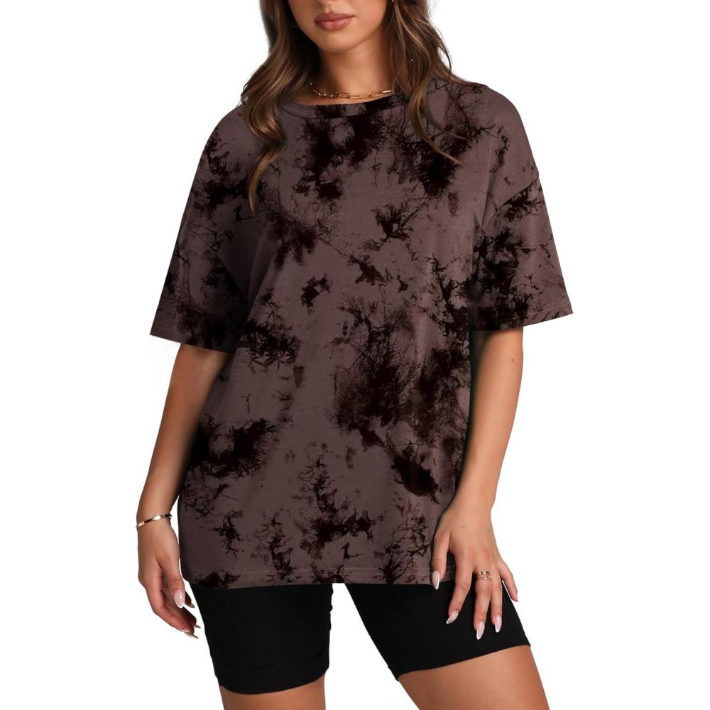 imageOversized T Shirts for Women Summer Crewneck Short Sleeve Basic Tops Loose FitTie Dye Brown