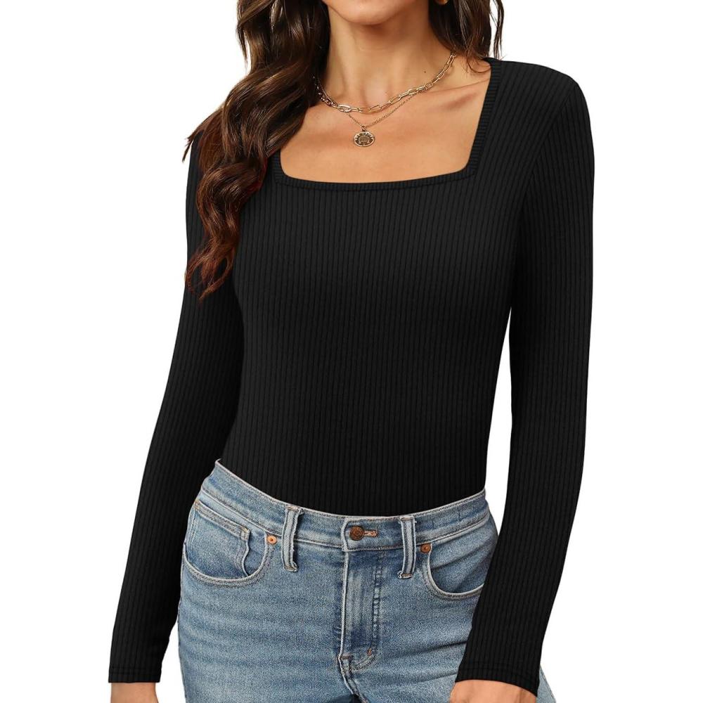 imageWomens Long Sleeve Square Neck Tops 2024 Fashion Slim Fit Tees ShirtsRibbed Black