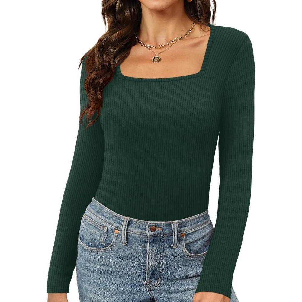 imageWomens Long Sleeve Square Neck Tops 2024 Fashion Slim Fit Tees ShirtsRibbed Green
