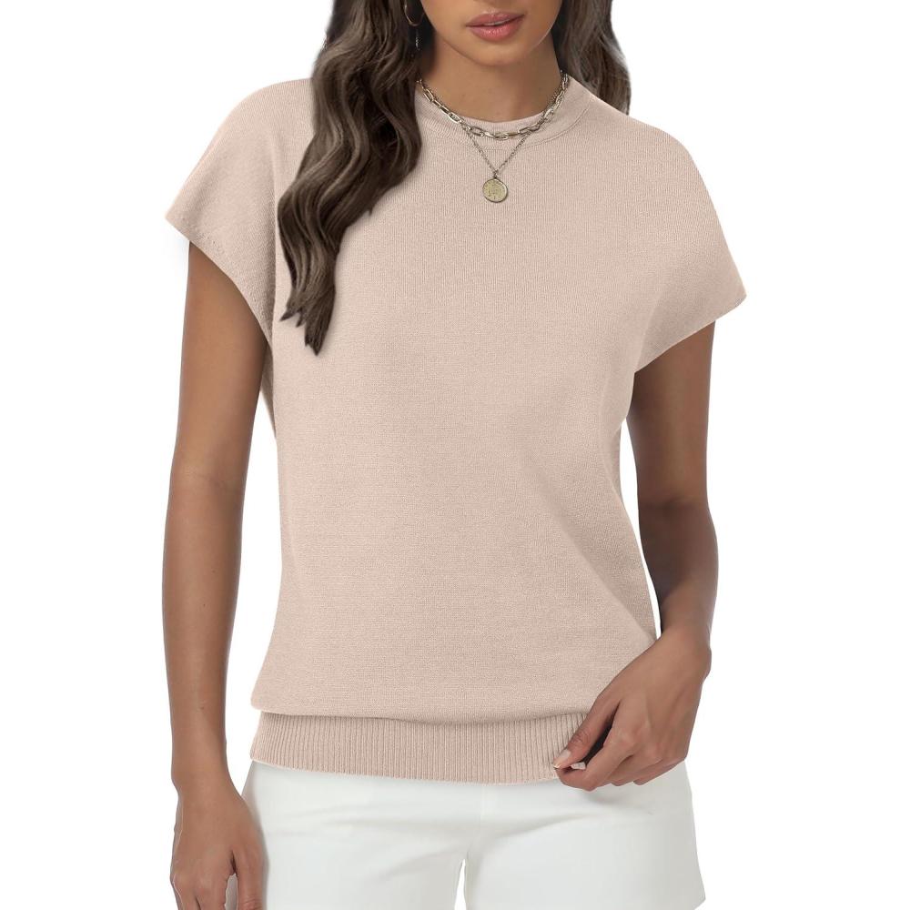 imageWomens Tops Summer Sweater Short Sleeve Shirts Dressy Casual Basic Casual Cap Sleeve Tops Beach Vacation ClothesApricot