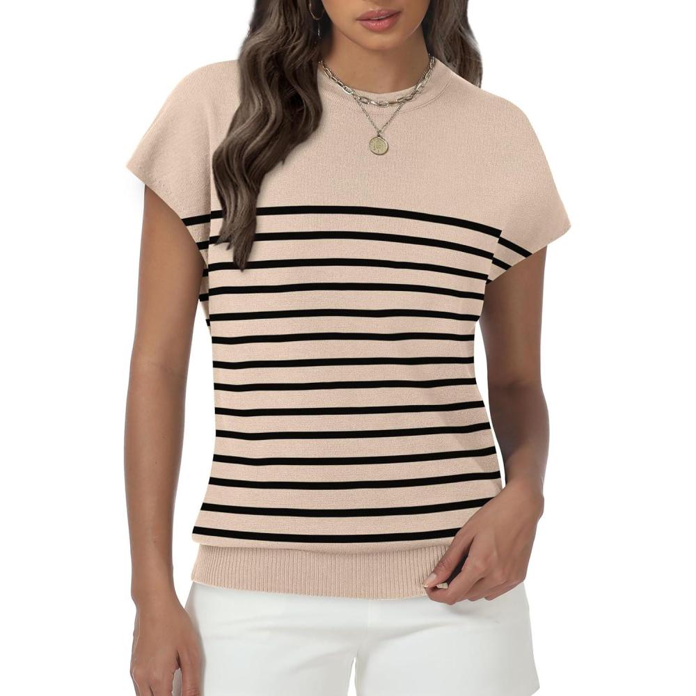 imageWomens Tops Summer Sweater Short Sleeve Shirts Dressy Casual Basic Casual Cap Sleeve Tops Beach Vacation ClothesApricot Black