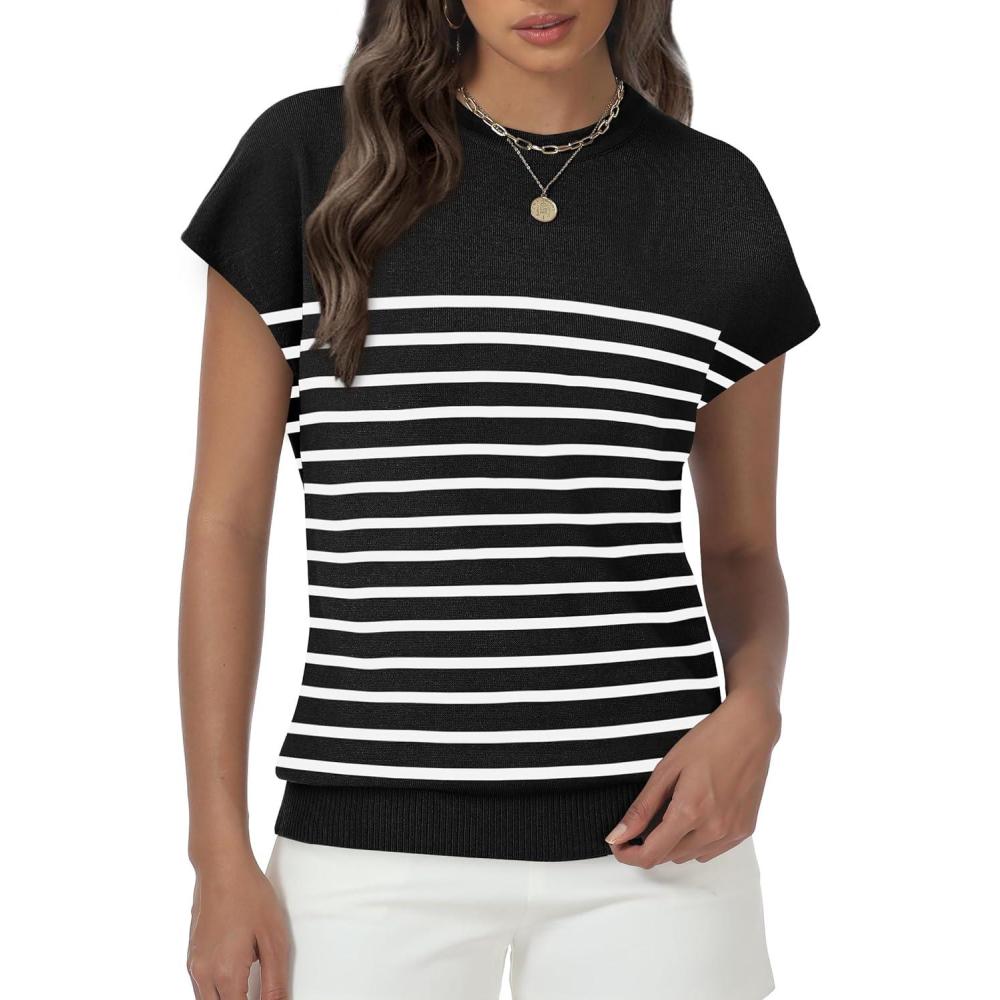 imageWomens Tops Summer Sweater Short Sleeve Shirts Dressy Casual Basic Casual Cap Sleeve Tops Beach Vacation ClothesBlack White