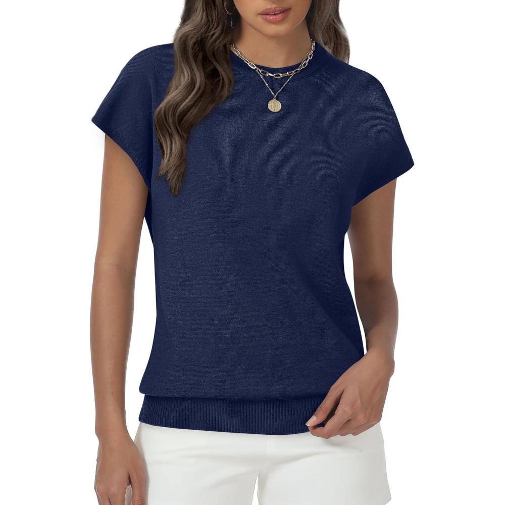 imageWomens Tops Summer Sweater Short Sleeve Shirts Dressy Casual Basic Casual Cap Sleeve Tops Beach Vacation ClothesDark Blue