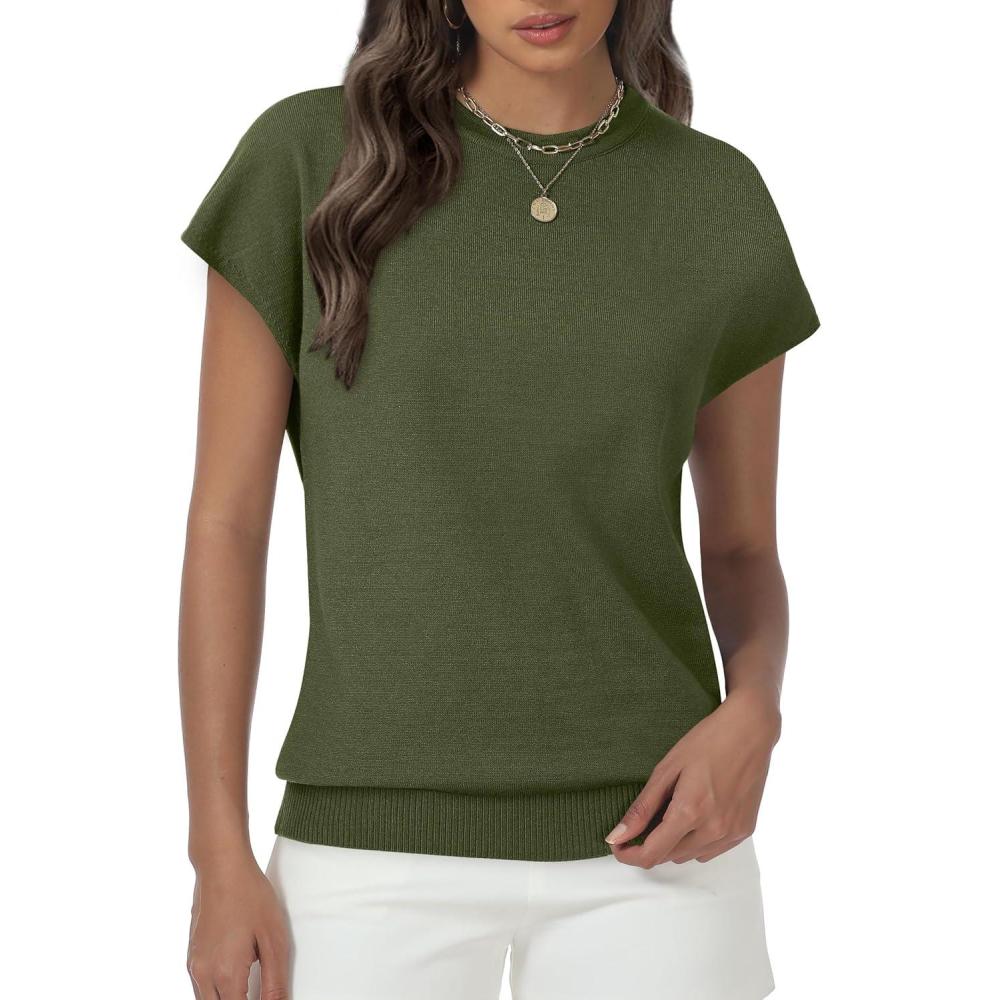 imageWomens Tops Summer Sweater Short Sleeve Shirts Dressy Casual Basic Casual Cap Sleeve Tops Beach Vacation ClothesOlive Green