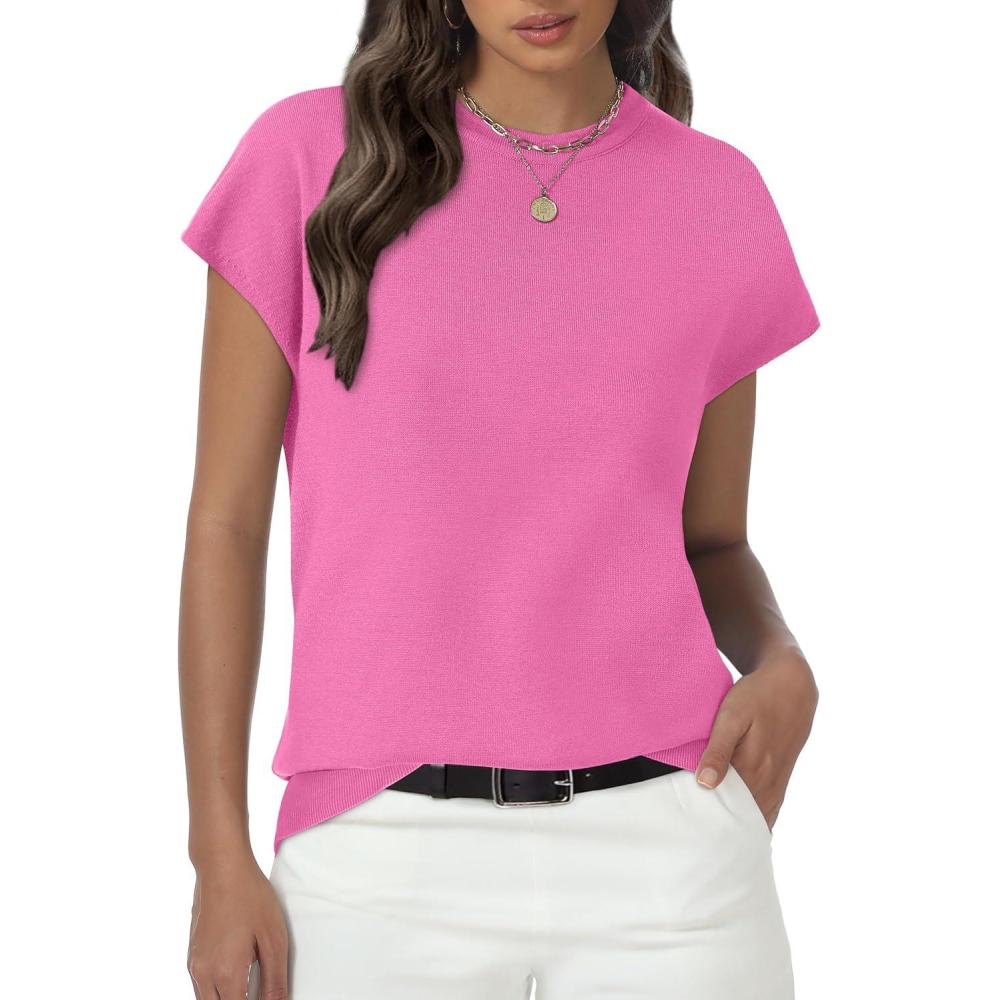 imageWomens Tops Summer Sweater Short Sleeve Shirts Dressy Casual Basic Casual Cap Sleeve Tops Beach Vacation ClothesPink