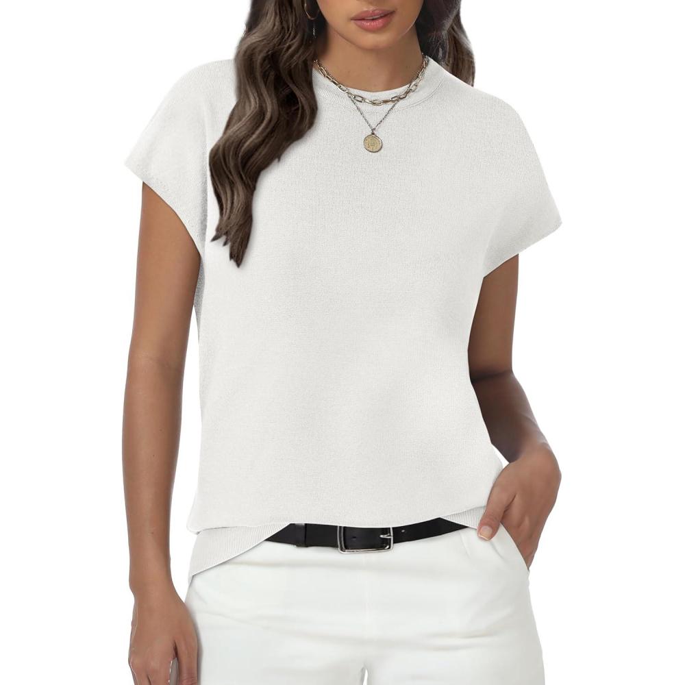 imageWomens Tops Summer Sweater Short Sleeve Shirts Dressy Casual Basic Casual Cap Sleeve Tops Beach Vacation ClothesWhite