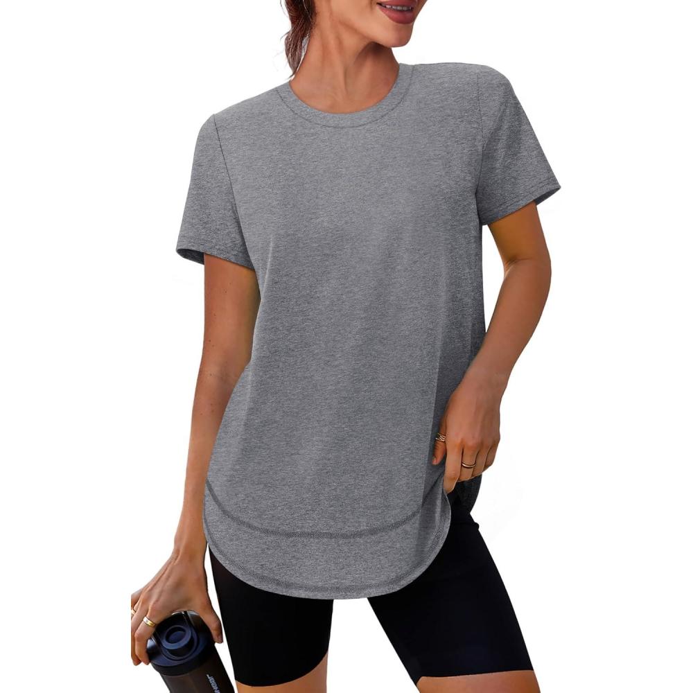 imageWomens Workout Tops Short Sleeve Shirts with Sun Protection Trendy Spring Summer Outfits S3XL01 Grey