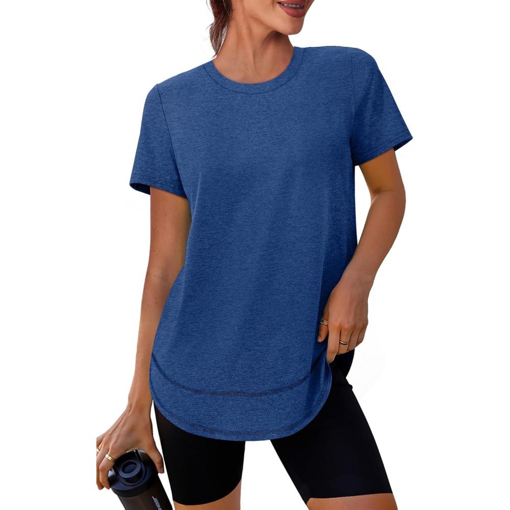 imageWomens Workout Tops Short Sleeve Shirts with Sun Protection Trendy Spring Summer Outfits S3XL05 Navy Blue