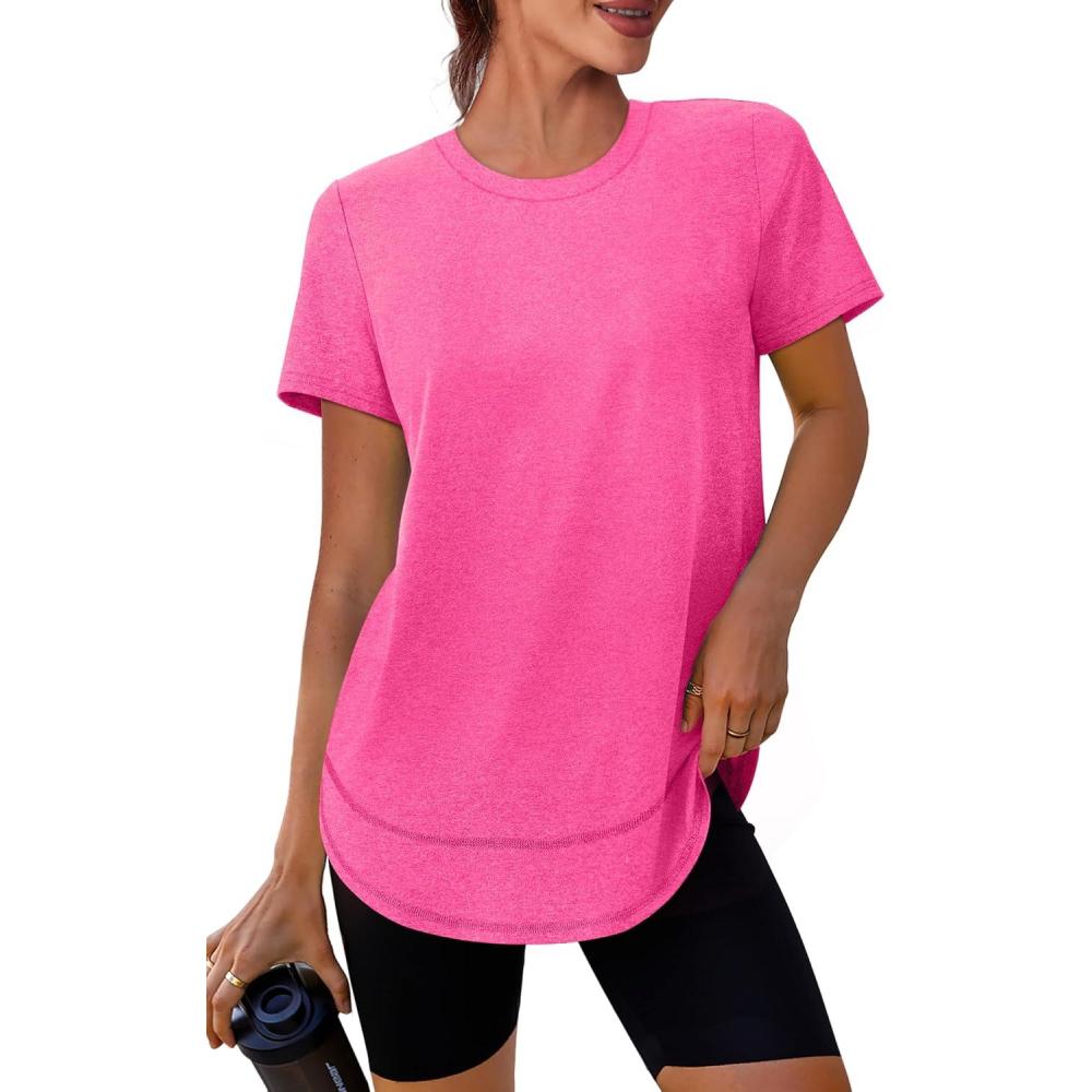 imageWomens Workout Tops Short Sleeve Shirts with Sun Protection Trendy Spring Summer Outfits S3XL06 Hot Pink