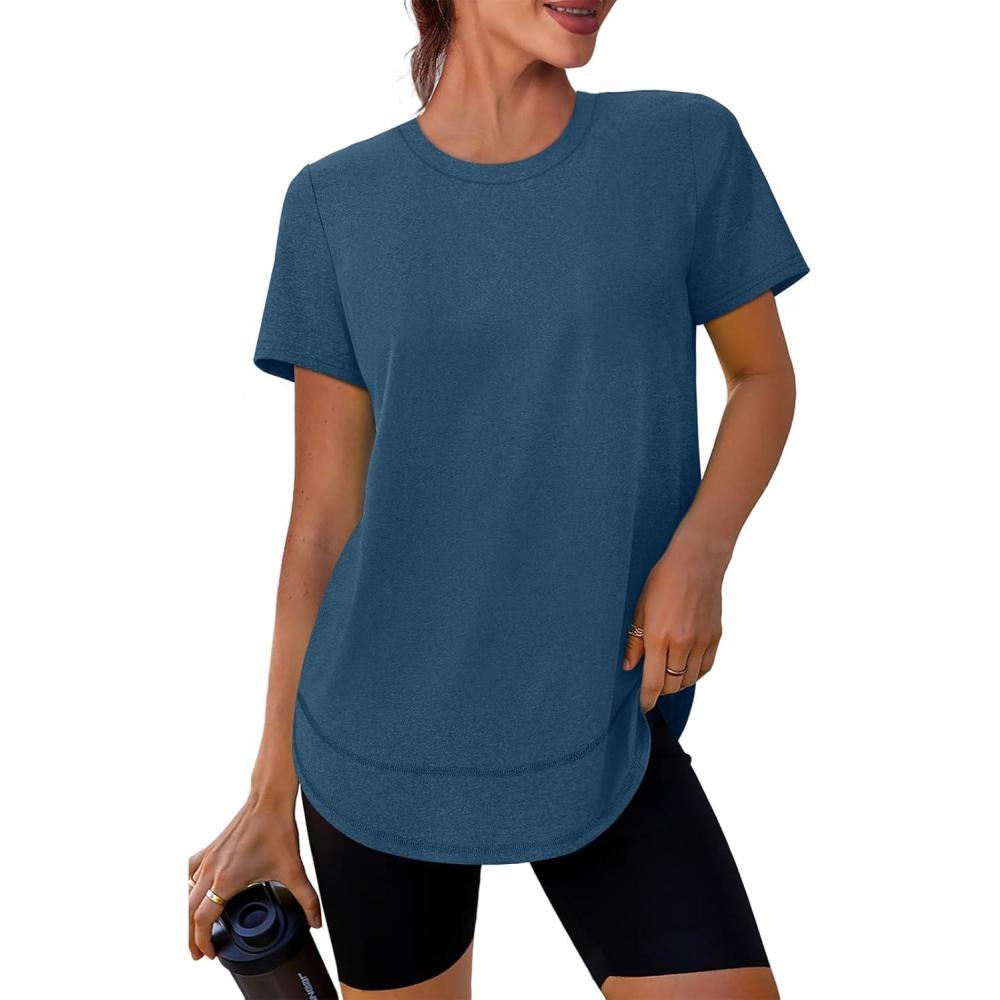 imageWomens Workout Tops Short Sleeve Shirts with Sun Protection Trendy Spring Summer Outfits S3XL09 Dark Blue