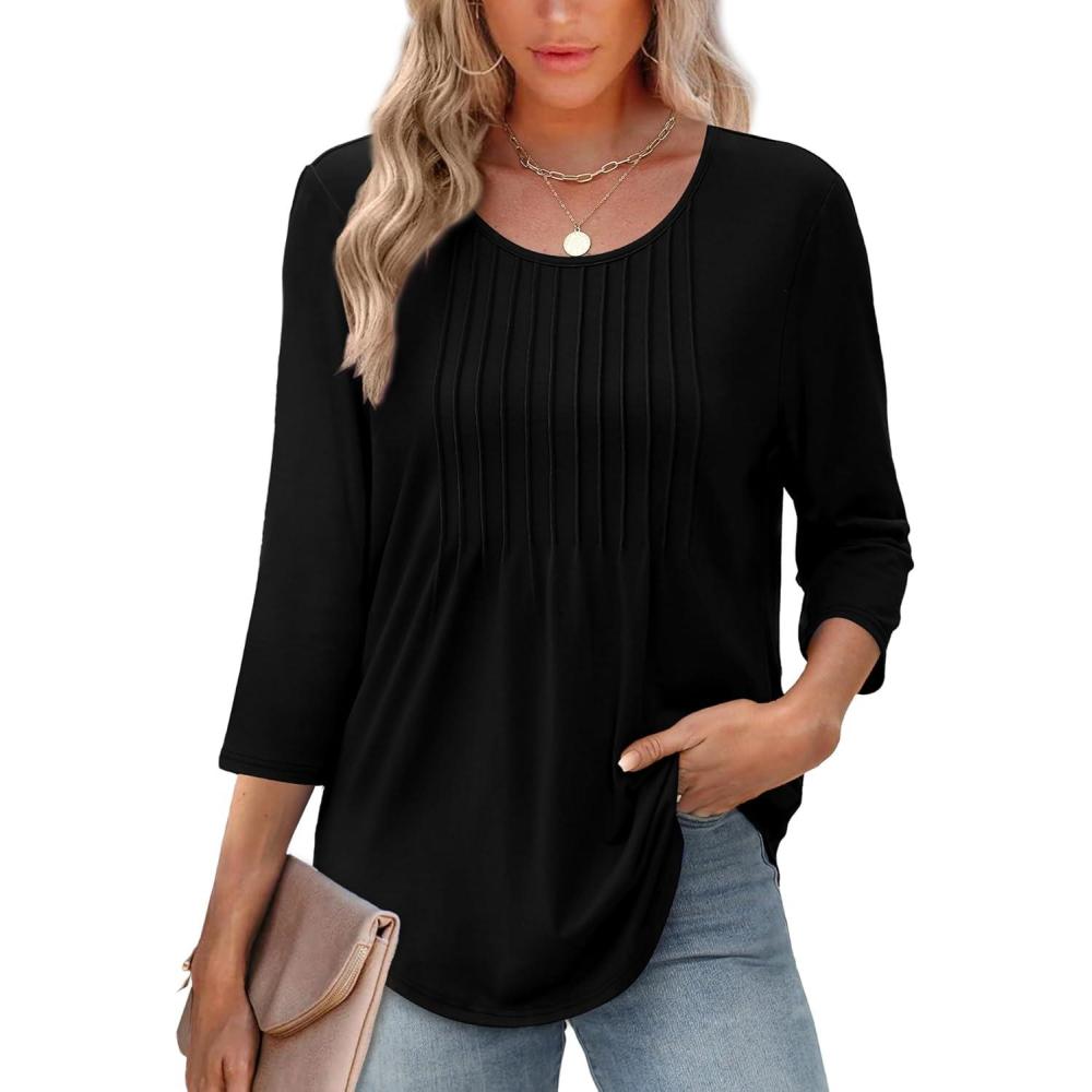 imageXIEERDUO 34 Length Sleeve Tops for Women 2025 Crewneck Casual Pleated Tunic Tops Loose Fit Shirts BlousesAblack