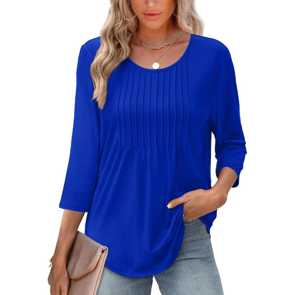 imageXIEERDUO 34 Length Sleeve Tops for Women 2025 Crewneck Casual Pleated Tunic Tops Loose Fit Shirts BlousesAblue