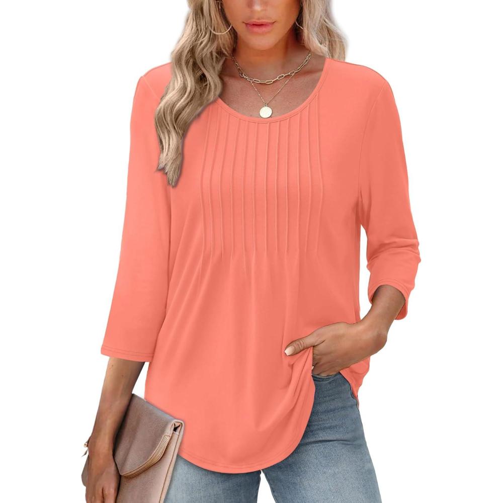 imageXIEERDUO 34 Length Sleeve Tops for Women 2025 Crewneck Casual Pleated Tunic Tops Loose Fit Shirts BlousesAcoral