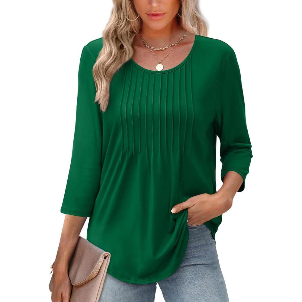 imageXIEERDUO 34 Length Sleeve Tops for Women 2025 Crewneck Casual Pleated Tunic Tops Loose Fit Shirts BlousesAgreen