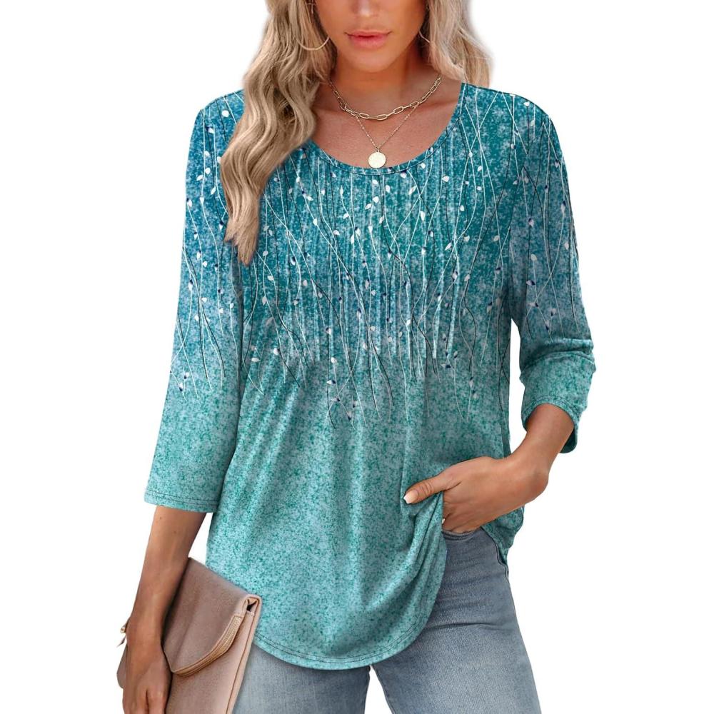 imageXIEERDUO 34 Length Sleeve Tops for Women 2025 Crewneck Casual Pleated Tunic Tops Loose Fit Shirts BlousesFblue Gradient
