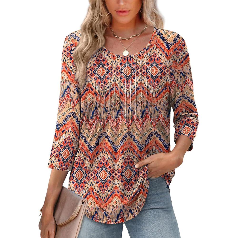 imageXIEERDUO 34 Length Sleeve Tops for Women 2025 Crewneck Casual Pleated Tunic Tops Loose Fit Shirts BlousesFboho