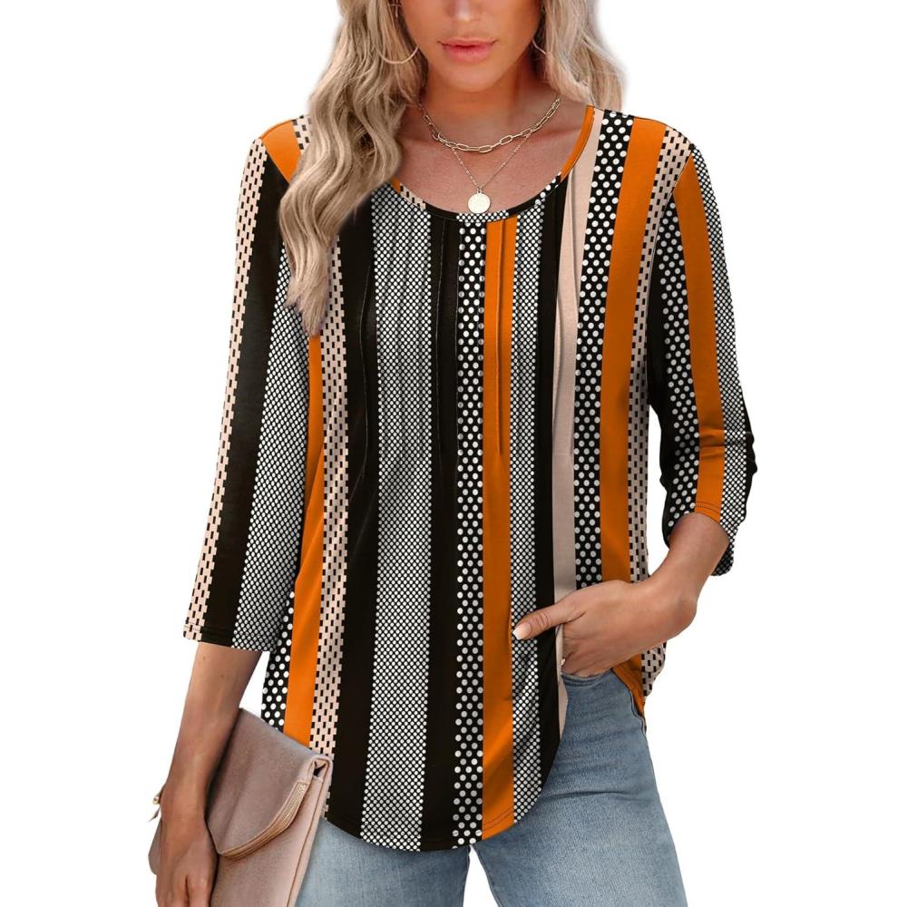 imageXIEERDUO 34 Length Sleeve Tops for Women 2025 Crewneck Casual Pleated Tunic Tops Loose Fit Shirts BlousesFstriped Dots