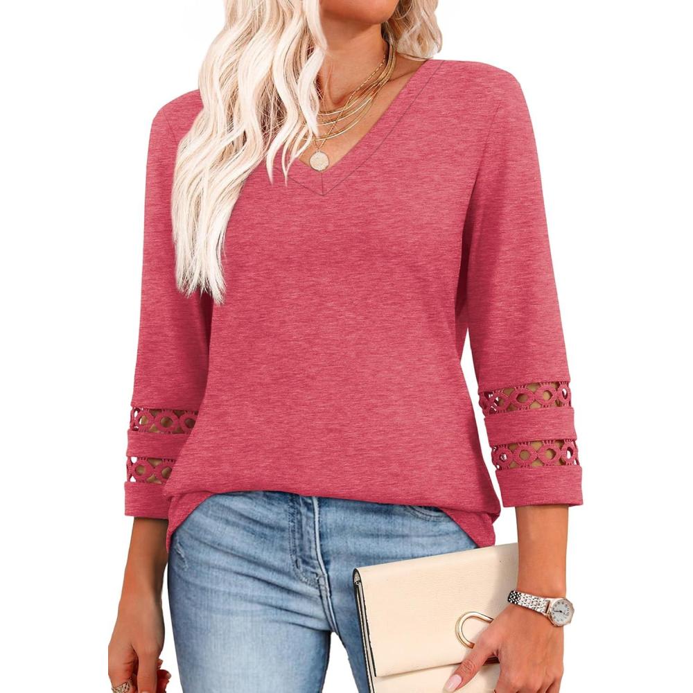 imageXIEERDUO 34 Length Sleeve Womens Tops Dressy Casual Blouses for Women 2025 Trendy V Neck T Shirts Summer ClothesCoral Pink