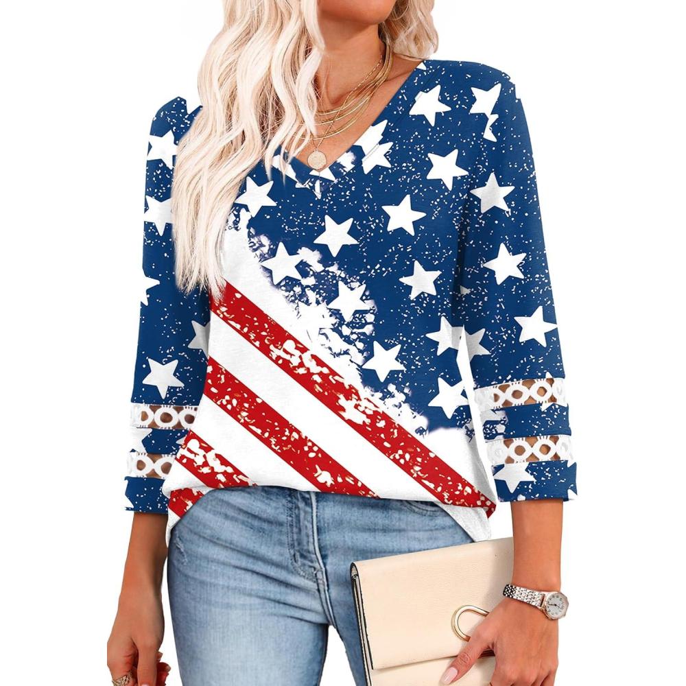 imageXIEERDUO 34 Length Sleeve Womens Tops Dressy Casual Blouses for Women 2025 Trendy V Neck T Shirts Summer ClothesFlag B