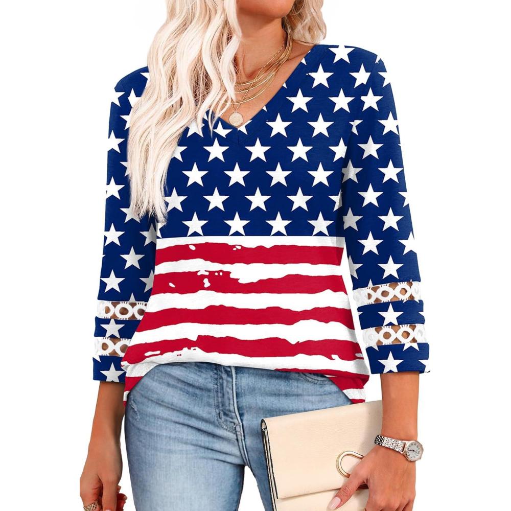 imageXIEERDUO 34 Length Sleeve Womens Tops Dressy Casual Blouses for Women 2025 Trendy V Neck T Shirts Summer ClothesFlag a