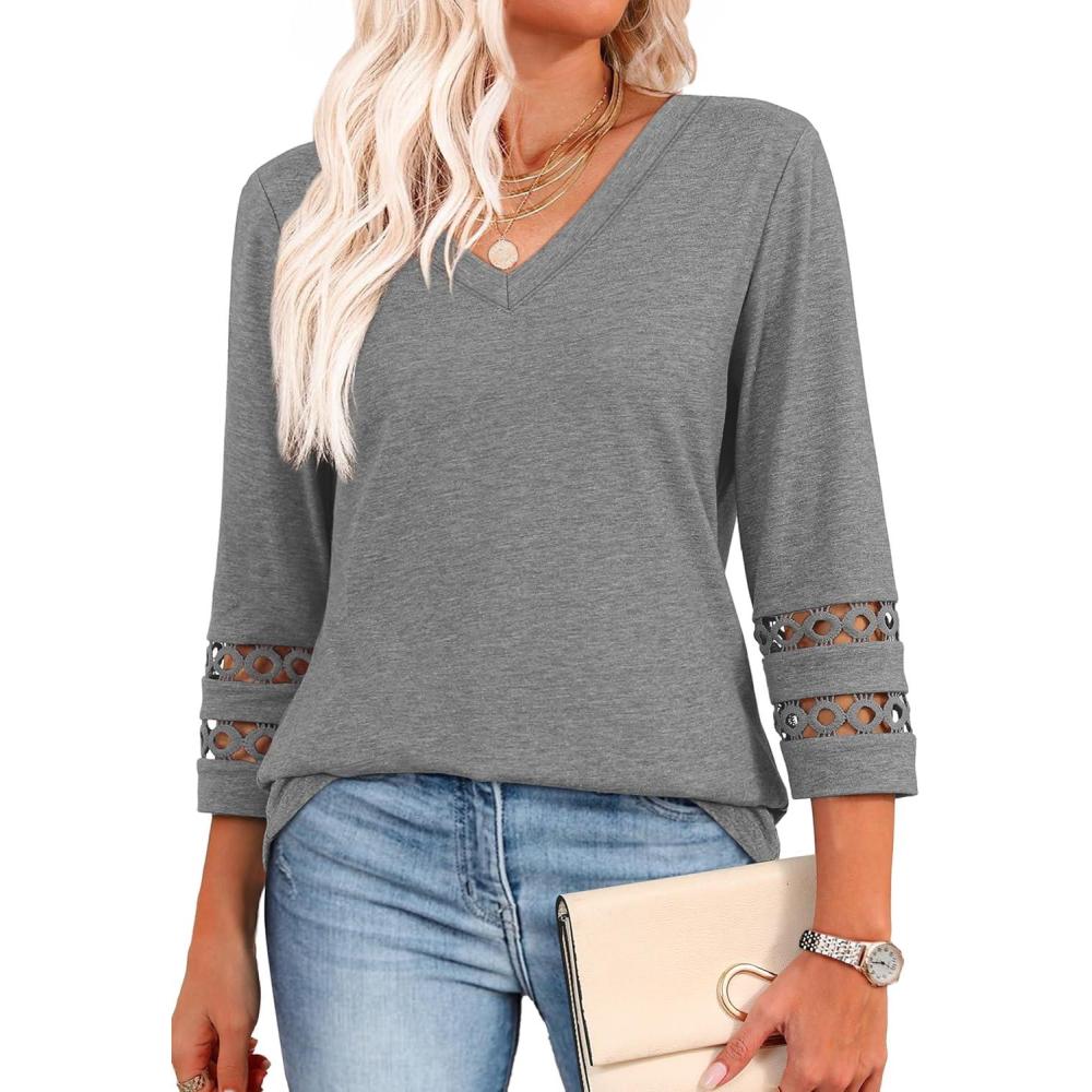 imageXIEERDUO 34 Length Sleeve Womens Tops Dressy Casual Blouses for Women 2025 Trendy V Neck T Shirts Summer ClothesGrey