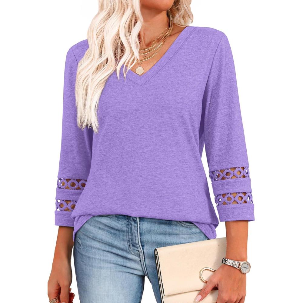 imageXIEERDUO 34 Length Sleeve Womens Tops Dressy Casual Blouses for Women 2025 Trendy V Neck T Shirts Summer ClothesPurple