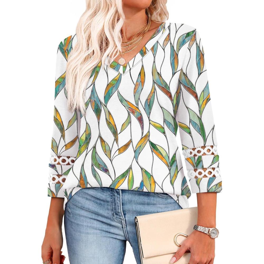 imageXIEERDUO 34 Length Sleeve Womens Tops Dressy Casual Blouses for Women 2025 Trendy V Neck T Shirts Summer ClothesZ Colorful Leaf