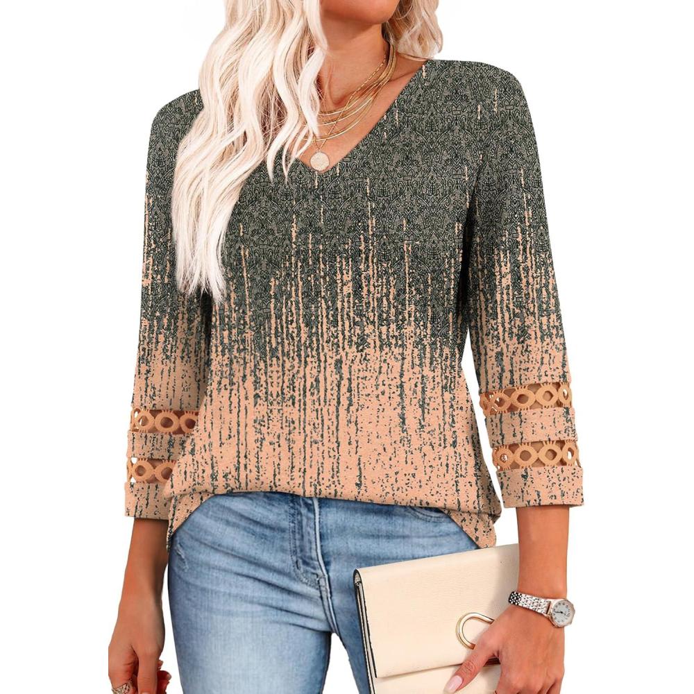 imageXIEERDUO 34 Length Sleeve Womens Tops Dressy Casual Blouses for Women 2025 Trendy V Neck T Shirts Summer ClothesZ Grey Coral