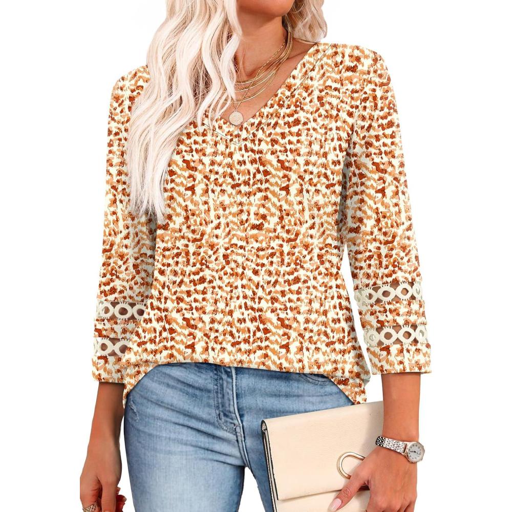 imageXIEERDUO 34 Length Sleeve Womens Tops Dressy Casual Blouses for Women 2025 Trendy V Neck T Shirts Summer ClothesZ Orange Dot