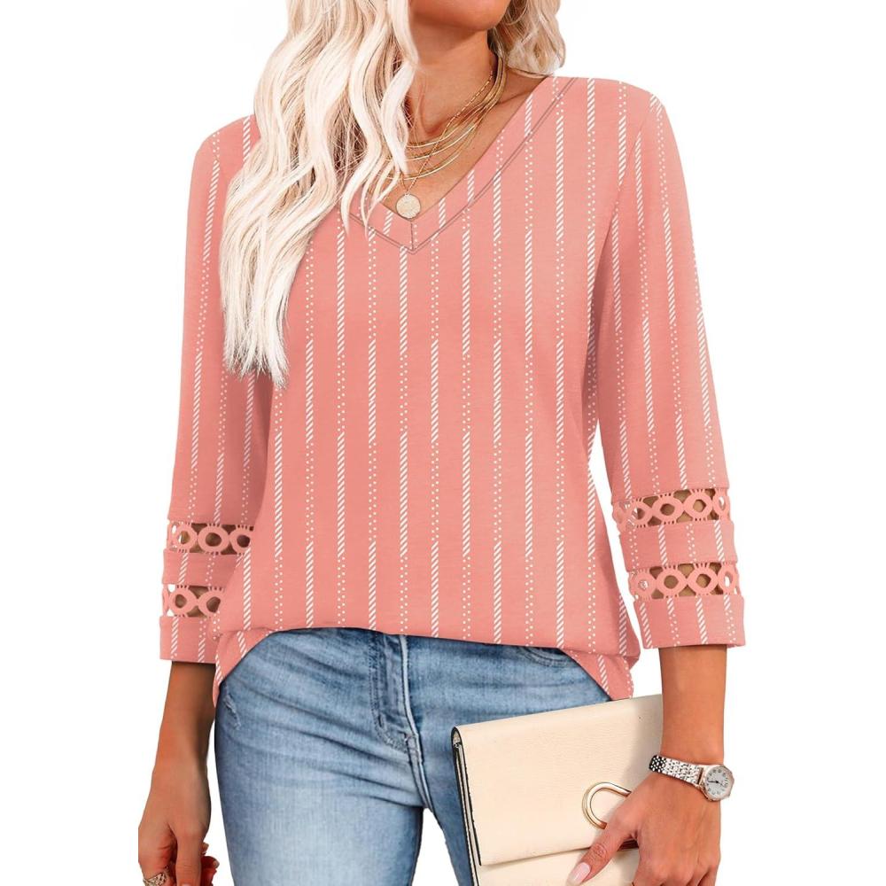 imageXIEERDUO 34 Length Sleeve Womens Tops Dressy Casual Blouses for Women 2025 Trendy V Neck T Shirts Summer ClothesZ Pink Stripe