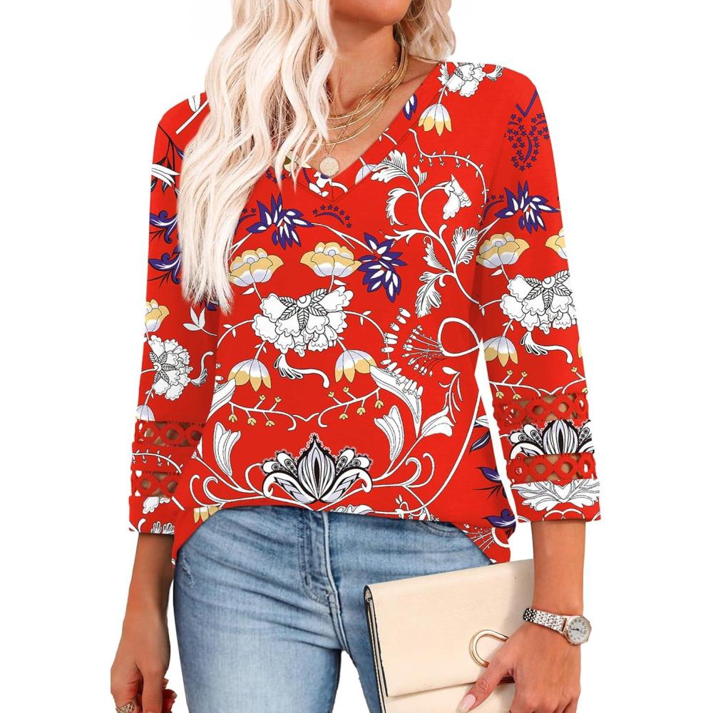 imageXIEERDUO 34 Length Sleeve Womens Tops Dressy Casual Blouses for Women 2025 Trendy V Neck T Shirts Summer ClothesZ Red Printed