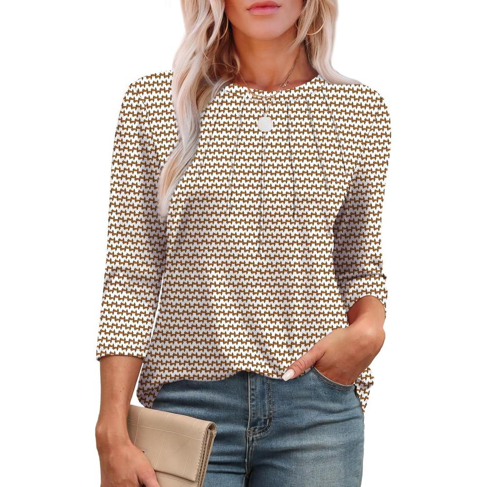 imageXIEERDUO 34 Length Sleeve Womens Tops Round Neck Casual Tunic Tops Basic Pleated Shirts Loose Fit 2025Patternedstripe