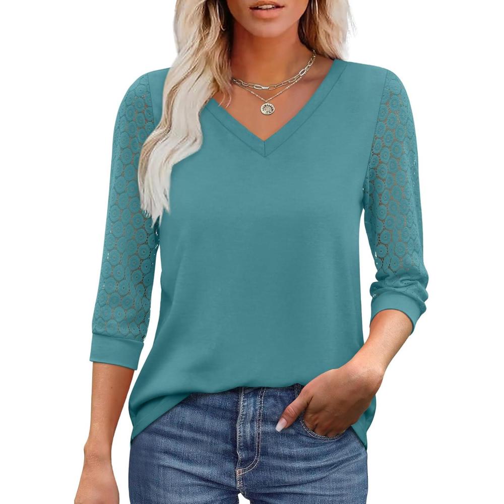 imageXIEERDUO 34 Length Sleeve Womens Tops VNeck Lace Tunic Tops Business Casual Blouses 2025Blue Green