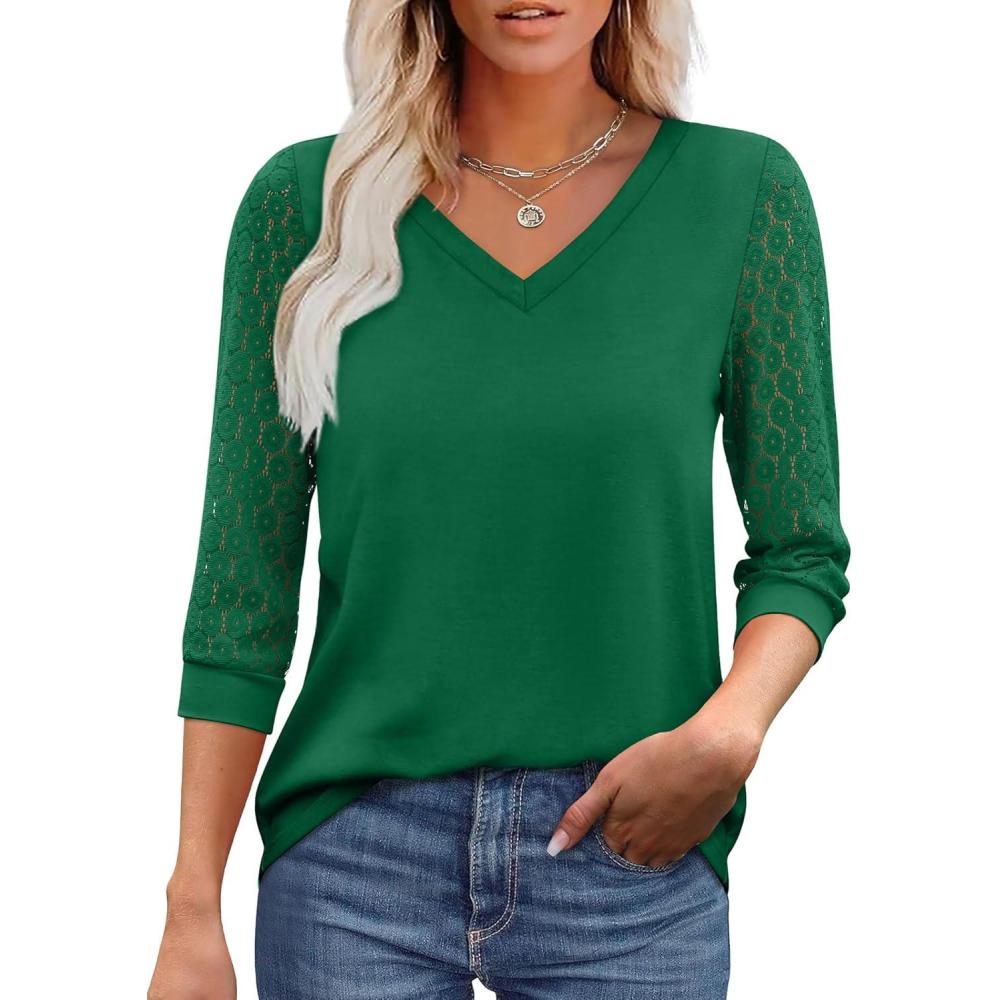 imageXIEERDUO 34 Length Sleeve Womens Tops VNeck Lace Tunic Tops Business Casual Blouses 2025Green