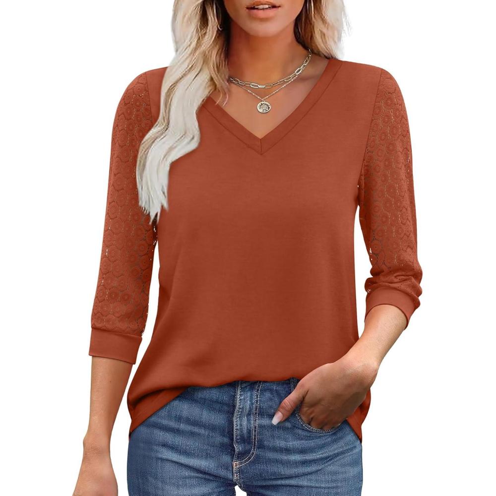 imageXIEERDUO 34 Length Sleeve Womens Tops VNeck Lace Tunic Tops Business Casual Blouses 2025Maple