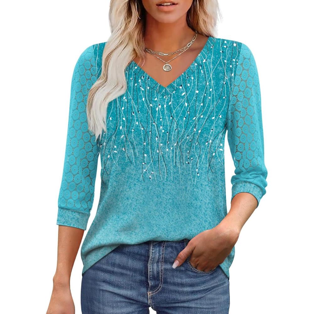 imageXIEERDUO 34 Length Sleeve Womens Tops VNeck Lace Tunic Tops Business Casual Blouses 2025Patternedblue Ombre
