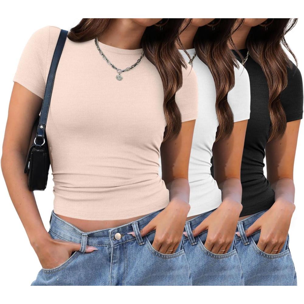 imageXIEERDUO Basic Tops for Women Short Sleeve Baby Tees 23 Pack Crew Neck T Shirts Slim Fit Tees3 Pack BlackWhiteApricot