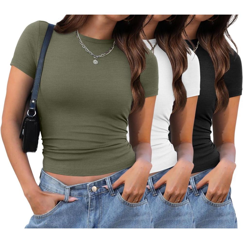 imageXIEERDUO Basic Tops for Women Short Sleeve Baby Tees 23 Pack Crew Neck T Shirts Slim Fit Tees3 Pack BlackWhiteArmygreen