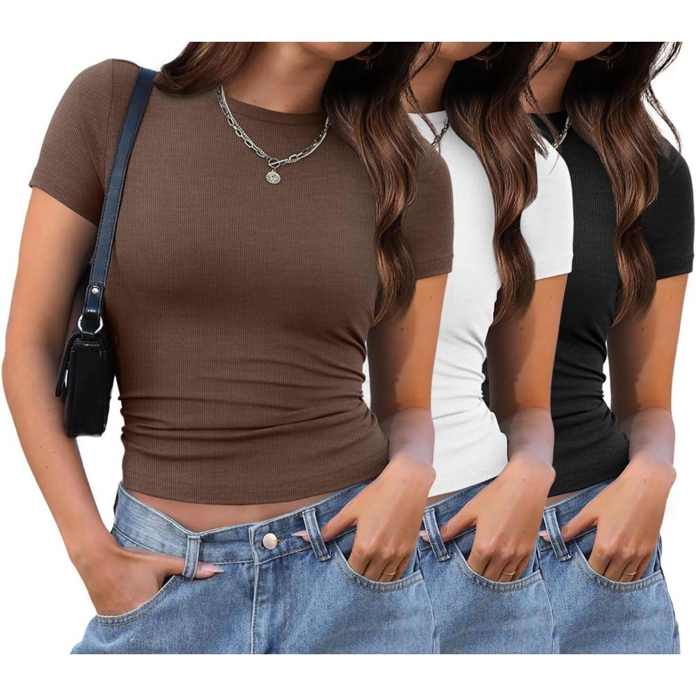 imageXIEERDUO Basic Tops for Women Short Sleeve Baby Tees 23 Pack Crew Neck T Shirts Slim Fit Tees3 Pack BlackWhiteBrown