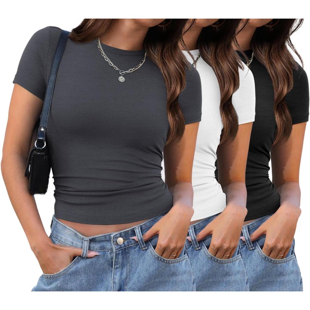 imageXIEERDUO Basic Tops for Women Short Sleeve Baby Tees 23 Pack Crew Neck T Shirts Slim Fit Tees3 Pack BlackWhiteGrey