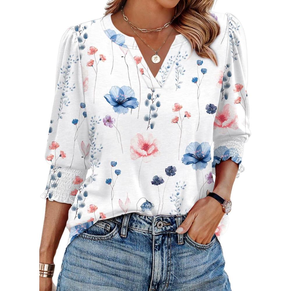 imageXIEERDUO Blouses for Women Dressy Casual 34 Length Sleeve Womens Tops V Neck T Shirts with Smocked CuffsJwhite Blue Floral