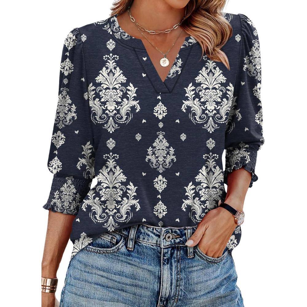 imageXIEERDUO Blouses for Women Dressy Casual 34 Length Sleeve Womens Tops V Neck T Shirts with Smocked CuffsMnavy Blue Pattern