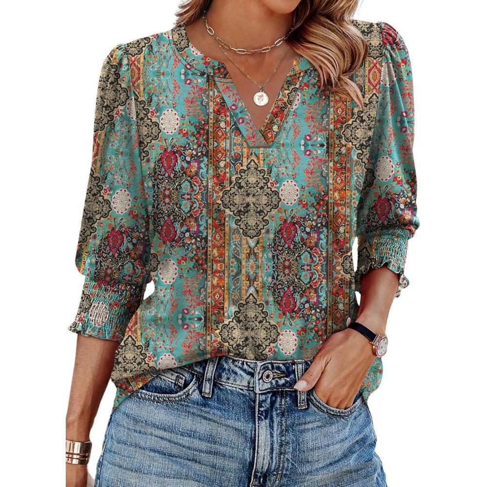 imageXIEERDUO Blouses for Women Dressy Casual 34 Length Sleeve Womens Tops V Neck T Shirts with Smocked CuffsOblue Print