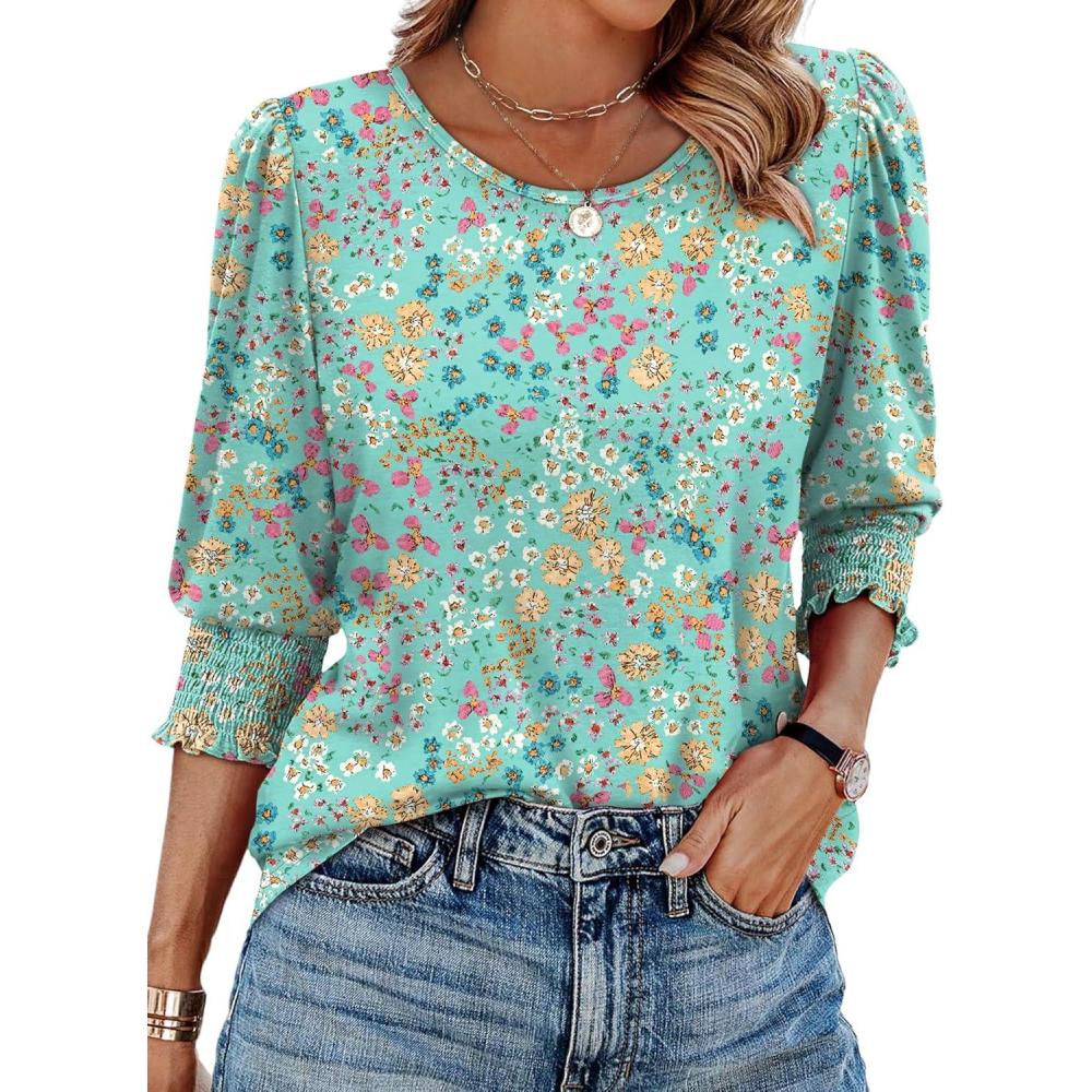 imageXIEERDUO Blouses for Women Dressy Casual 34 Length Sleeve Womens Tops with Smocked CuffsHgreen Floral