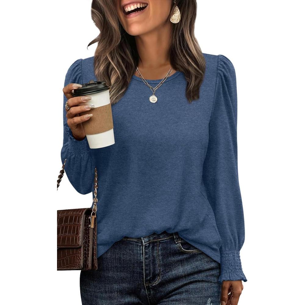 imageXIEERDUO Blouses for Women Dressy Casual Long Sleeve Shirts Fashion Clothing Puff Sleeve Tunic Tops with Smocked CuffsHblue