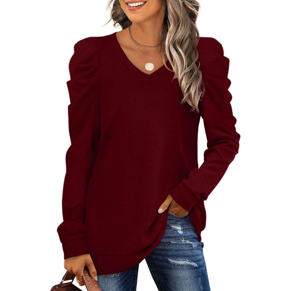 imageXIEERDUO Christmas Sweatshirts for Women V Neck Puff Sleeve Winter Clothes Warm Trendy L
