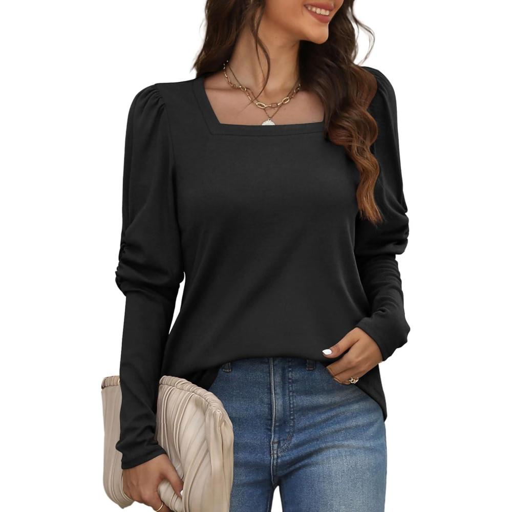 imageXIEERDUO Long Sleeve Shirts For Women Tunic Tops Puff Sleeve Shirt Square Neck Top