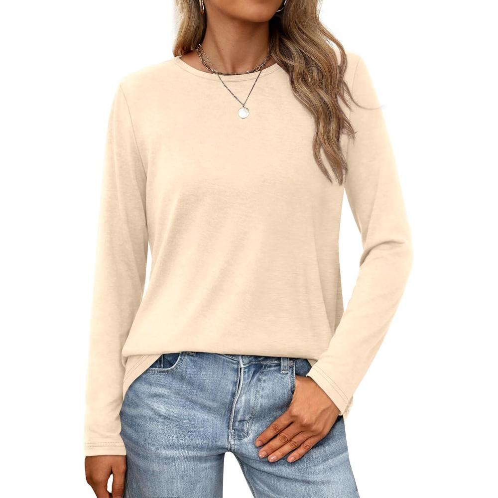 imageXIEERDUO Long Sleeve Shirts for Women Casual Crew Neck Basic Fall Tops Loose Fit ComfyApricot